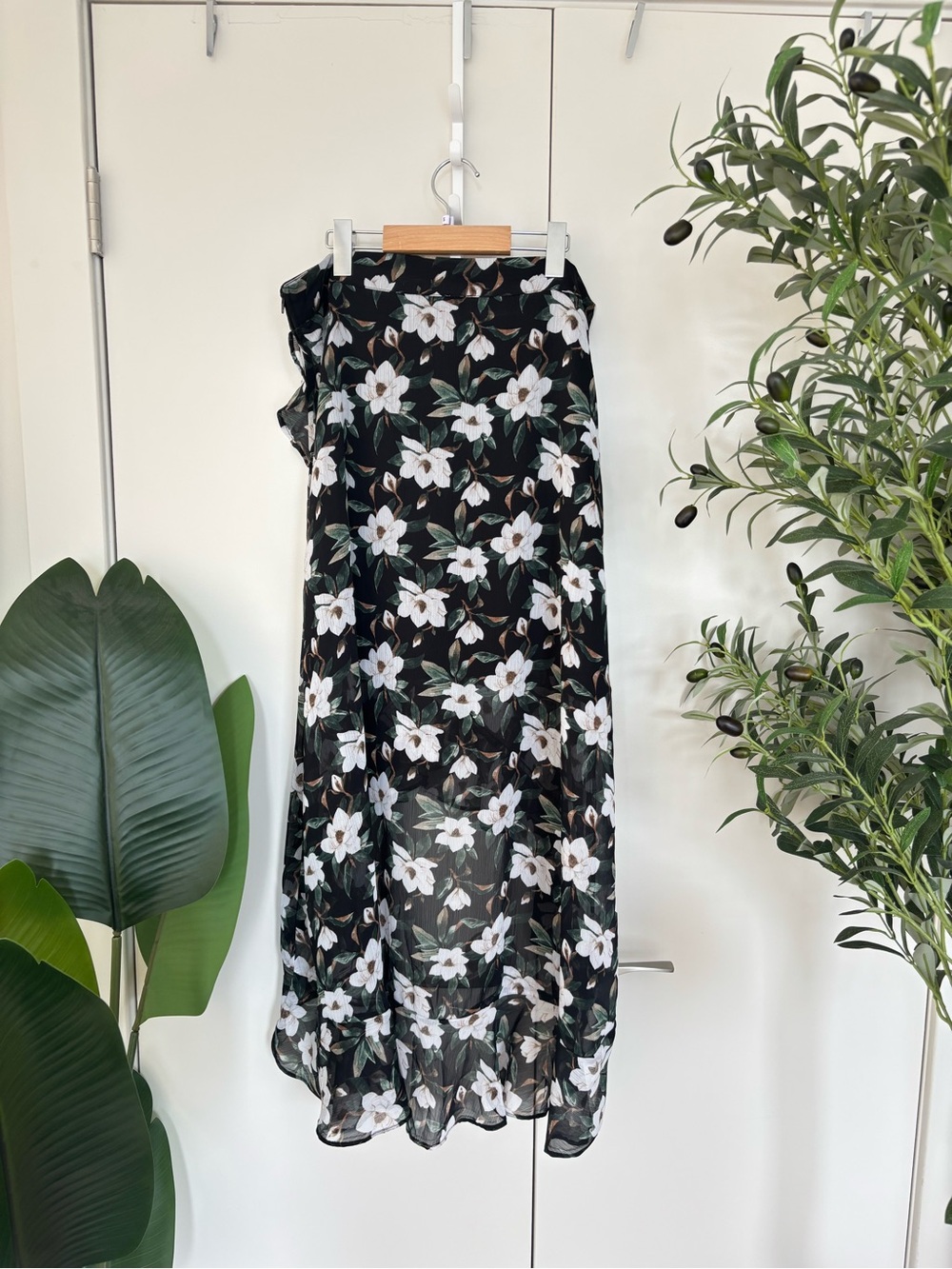Floral Chiffon A-Line Dress - Black with White Flowers